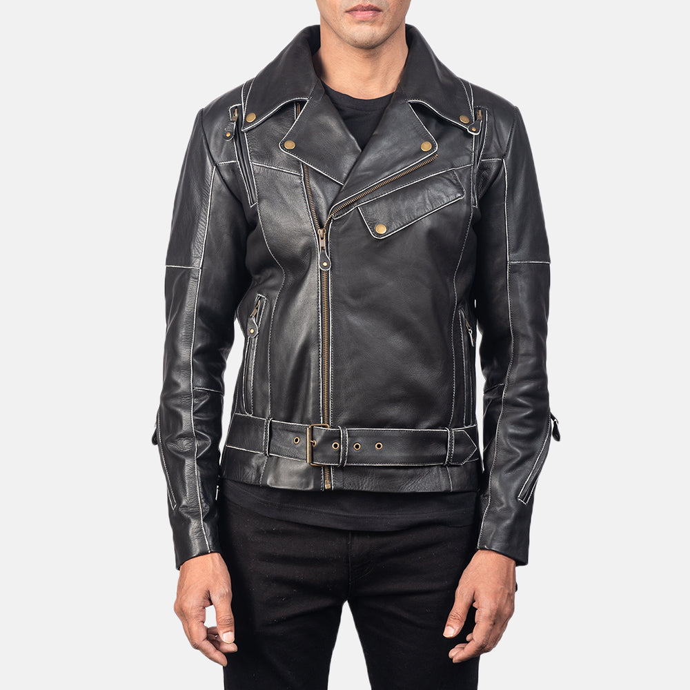 Men's Vincent Black Leather Biker Jacket in Distressed Black Cow Hide Leather - Front Profile View & Tailored Silhouette | Buy Online