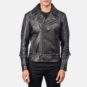 Men's Vincent Black Leather Biker Jacket in Distressed Black Cow Hide Leather - Front Profile View & Tailored Silhouette | Buy Online