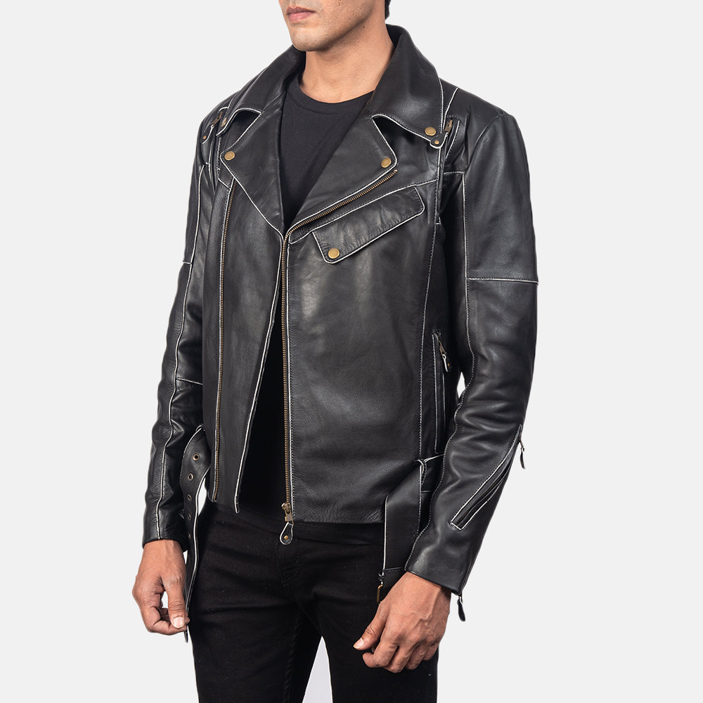 Distressed Black Cow Hide Leather Biker Jacket - Back View Showing Tailored Shoulder Fit & Clean Hemline