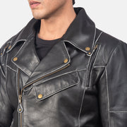 Close-Up Detail of Notch & Zipper Hardware on Men's Vincent Black Leather Biker Jacket