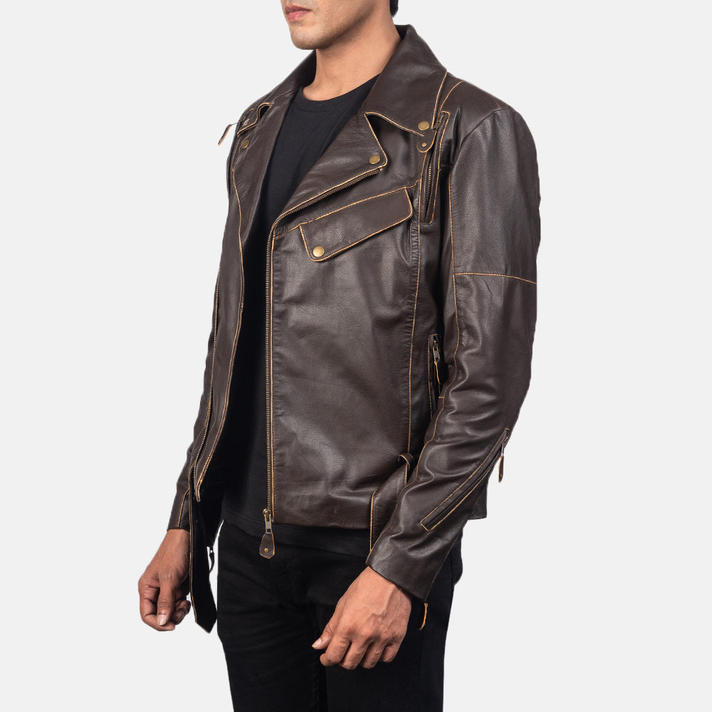 Styled Fit Perspective of Men's Vincent Black Leather Biker Jacket on Model - Natural Daylight Drape