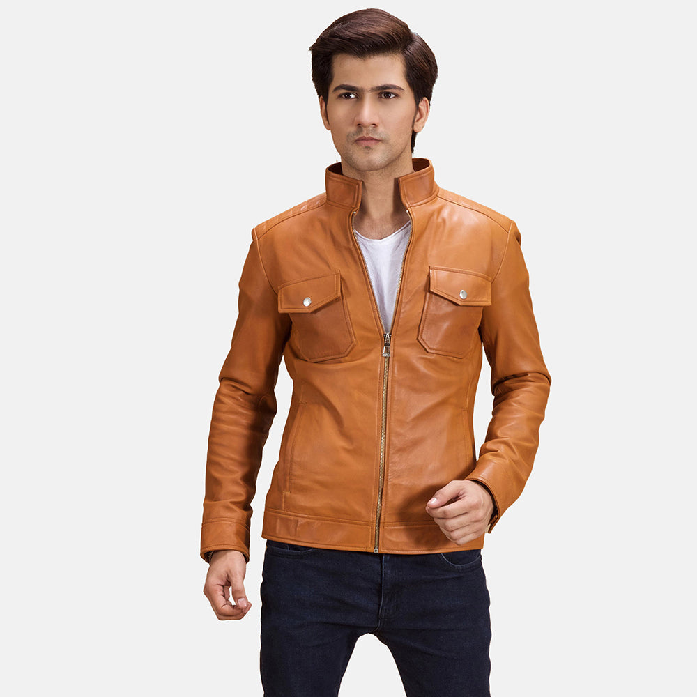 Voltex Tan Leather Biker Jacket in Tan Brown Sheepskin Leather - Front Profile View & Tailored Silhouette | Buy Online