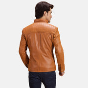 Close-Up Detail of Notch & Zipper Hardware on Voltex Tan Leather Biker Jacket