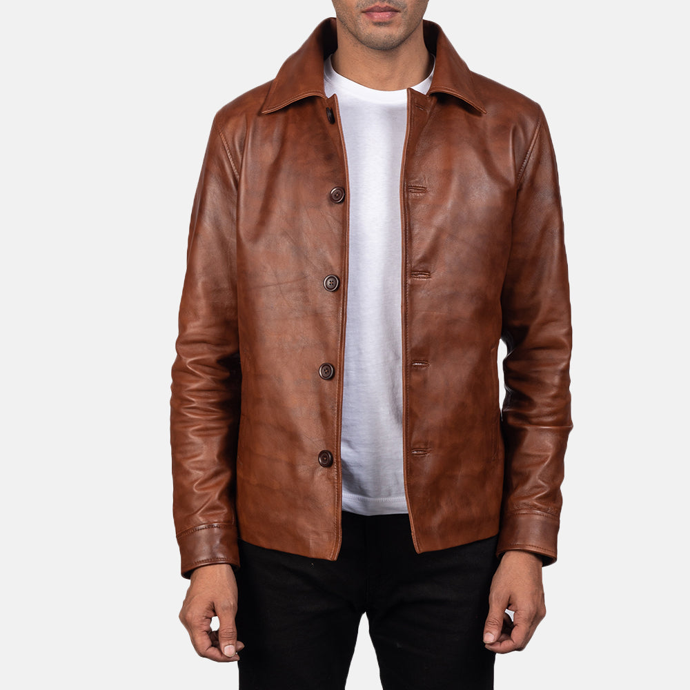 Waffle Brown Leather Jacket in Distressed Brown Sheepskin Burnishing - Front Profile View & Tailored Silhouette | Buy Online