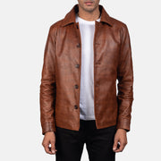 Waffle Brown Leather Jacket in Distressed Brown Sheepskin Burnishing - Front Profile View & Tailored Silhouette | Buy Online