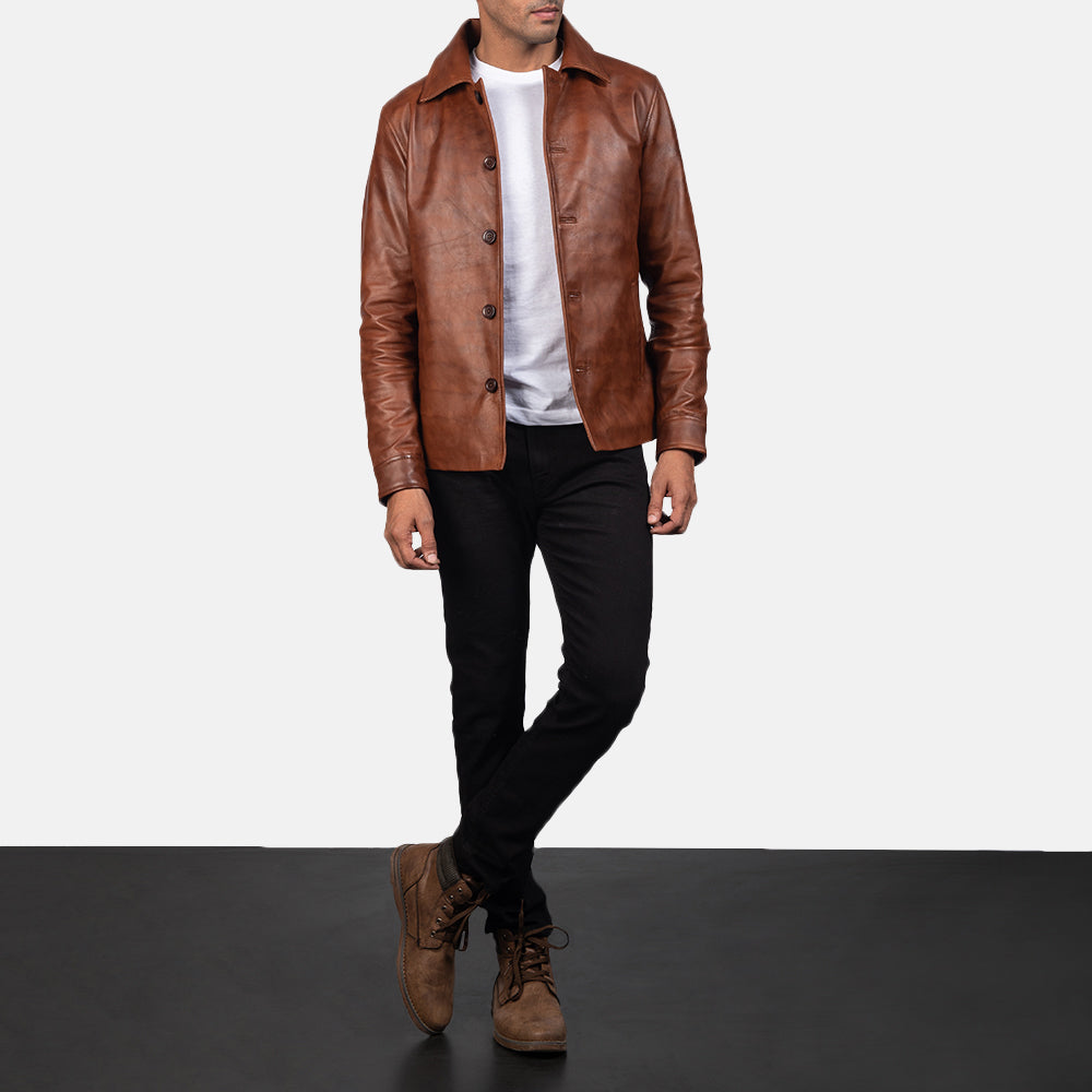 Close-Up Detail of Shirt & Button Hardware on Waffle Brown Leather Jacket