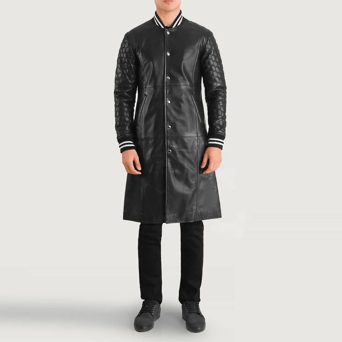 Wilde Black Leather Varsity Coat in Black Sheepskin Leather - Front Profile View & Tailored Silhouette | Buy Online