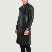 Black Sheepskin Leather Varsity Jacket - Back View Showing Tailored Shoulder Fit & Clean Hemline