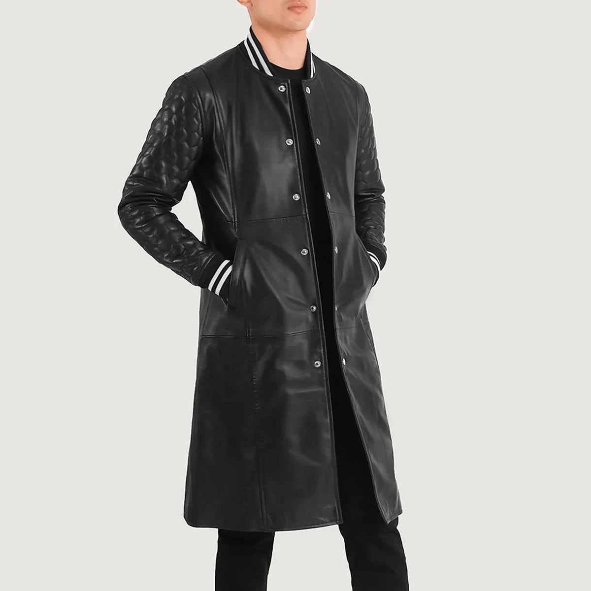 Wilde Black Leather Varsity Coat - Lateral Side Profile View Showing Sleeve Cut & Athletic Taper Fit