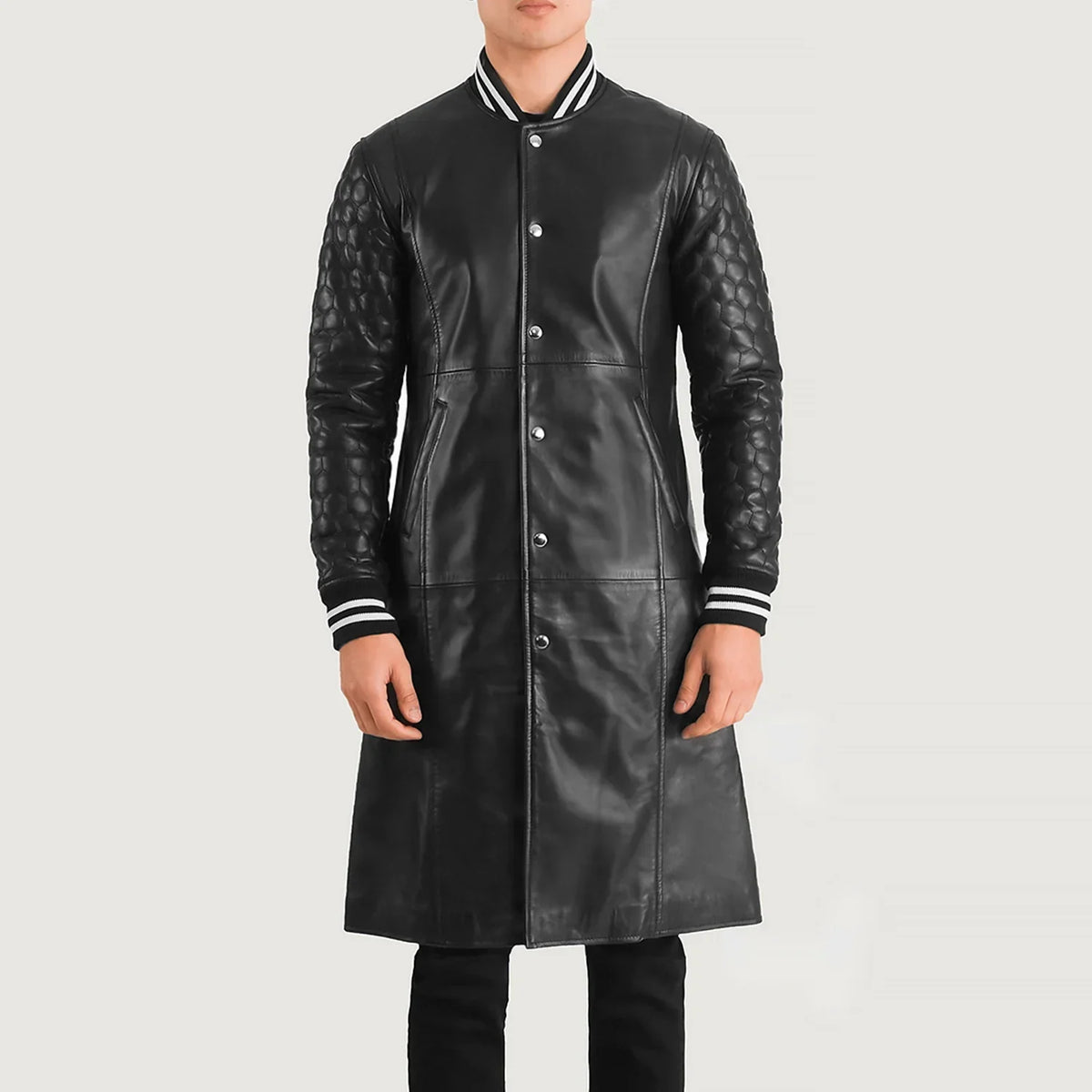 Close-Up Detail of Varsity collar & Snap Button button Hardware on Wilde Black Leather Varsity Coat