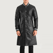 Close-Up Detail of Varsity collar & Snap Button button Hardware on Wilde Black Leather Varsity Coat