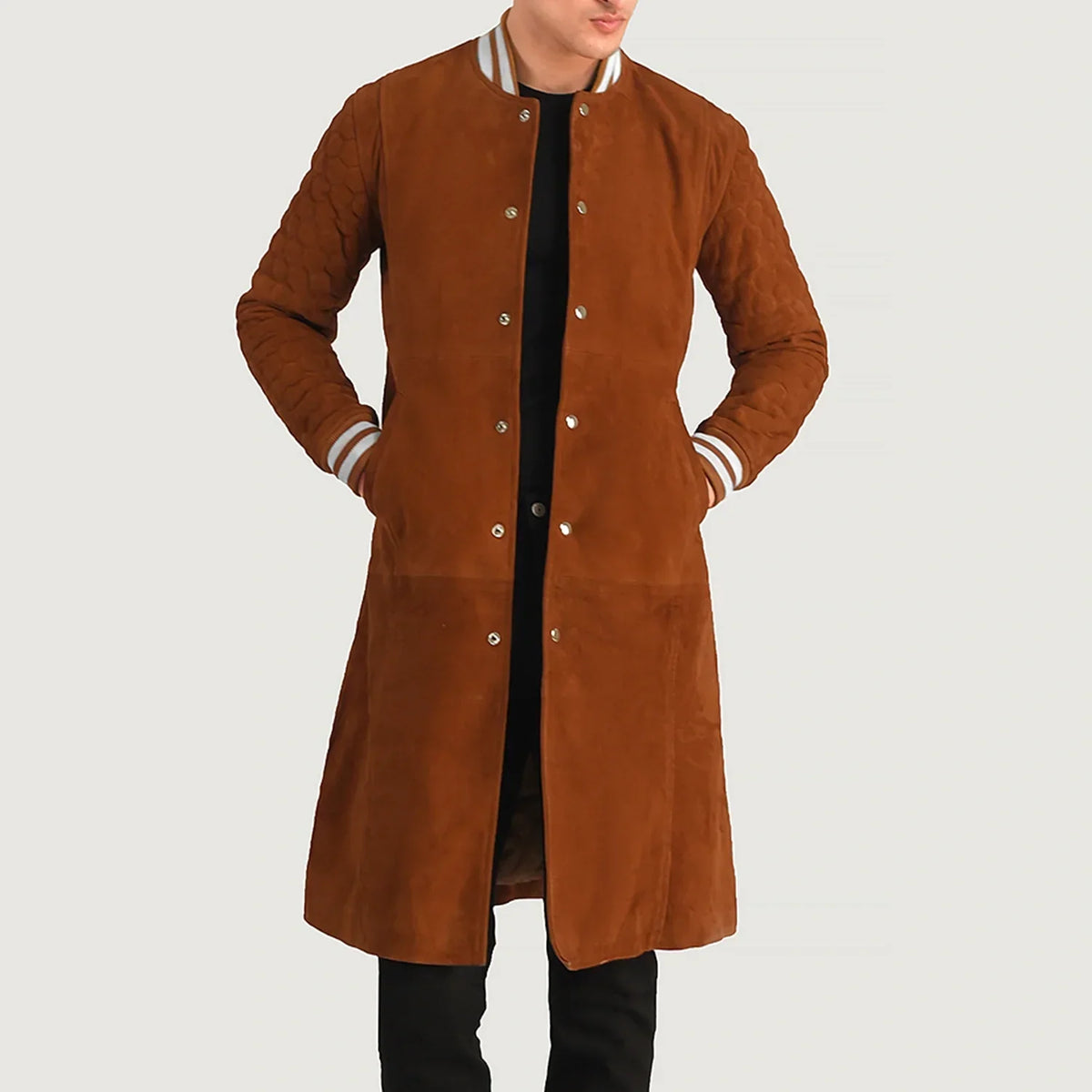 Wilde Brown Suede Varsity Coat in Tan Bown Goatskin Suede - Front Profile View & Tailored Silhouette | Buy Online