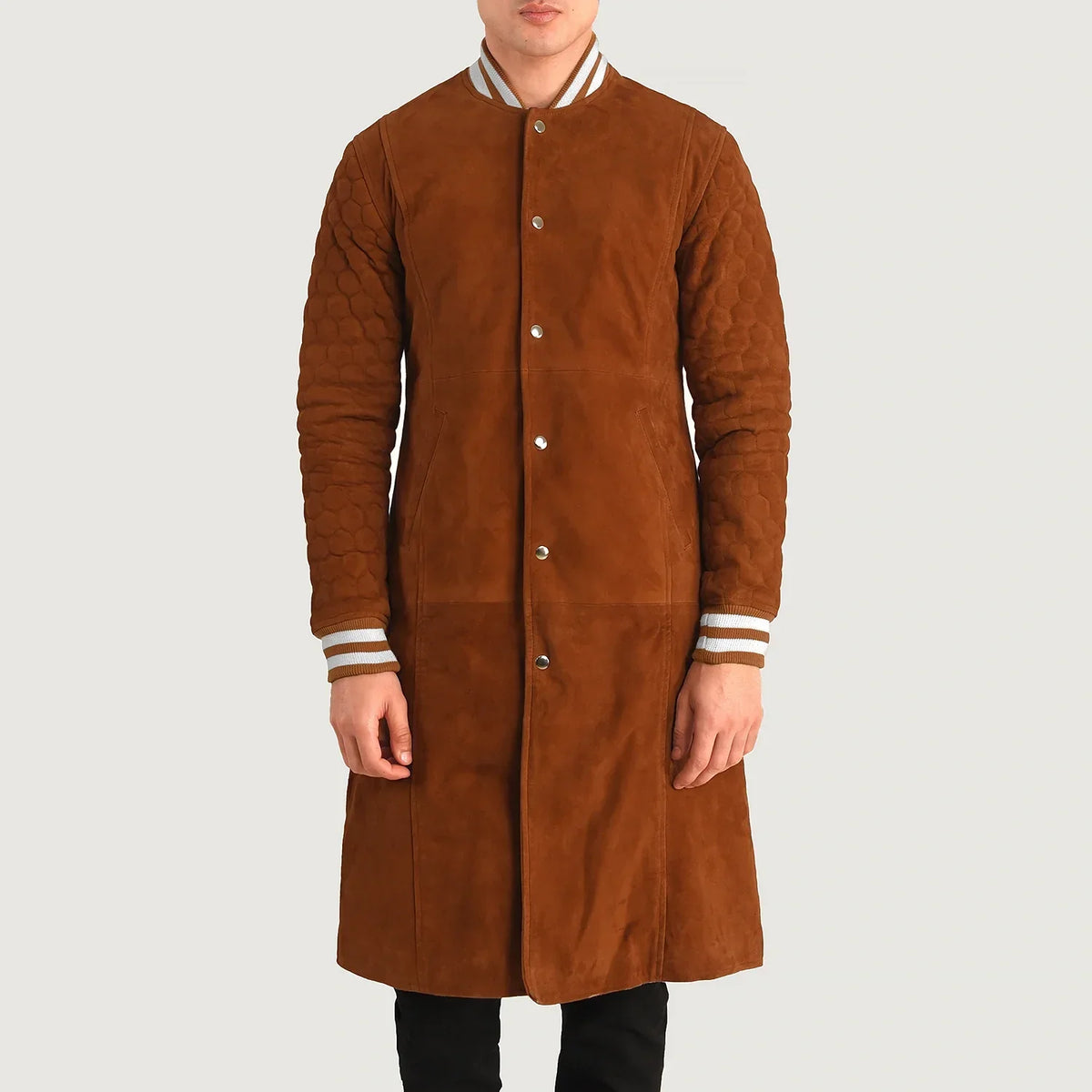 Close-Up Detail of Varsity collar & Snap Button button Hardware on Wilde Brown Suede Varsity Coat