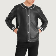 Close-Up Detail of Collarless & Snap Button Buttons Hardware on Willis Black Leather Varsity Jacket