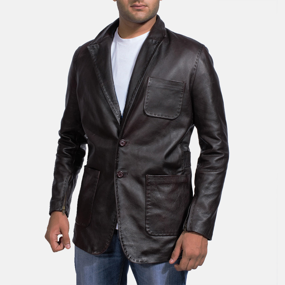 Men's Wine Black Leather Blazer in Dark Brown Cow Hide Leather - Front Profile View & Tailored Silhouette | Buy Online
