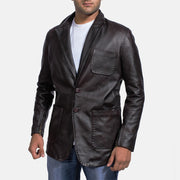 Men's Wine Black Leather Blazer in Dark Brown Cow Hide Leather - Front Profile View & Tailored Silhouette | Buy Online