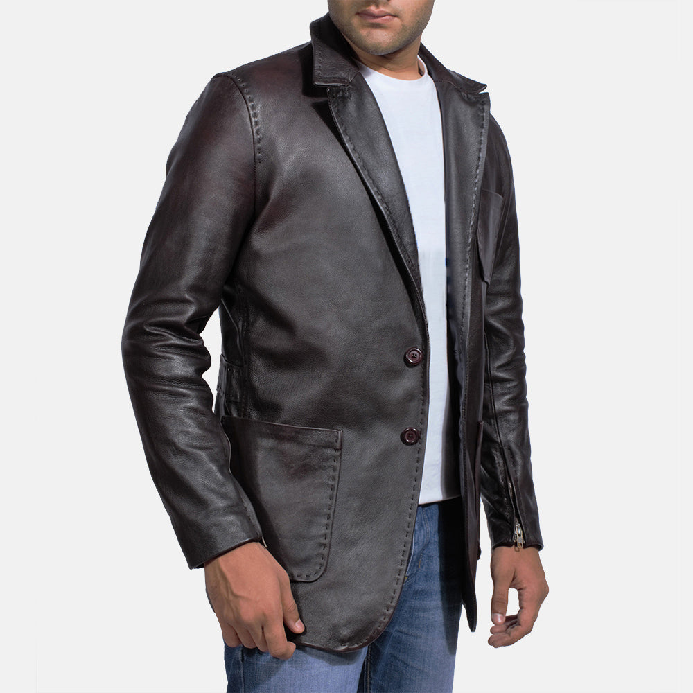 Close-Up Detail of Notch & Button Hardware on Men's Wine Black Leather Blazer