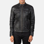 Close-Up Detail of Band & Zipper Hardware on Youngster Distressed Black Leather Jacket