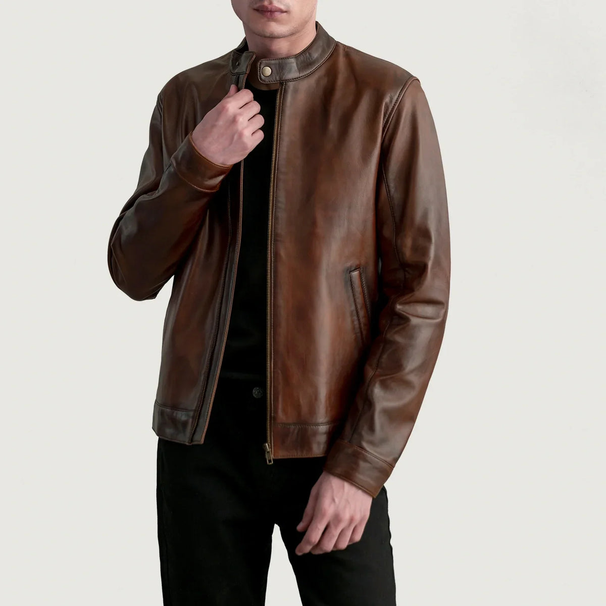 Zen Distressed Brown Leather Biker Jacket in Distressed Brown Sheepskin Leather - Front Profile View & Tailored Silhouette | Buy Online