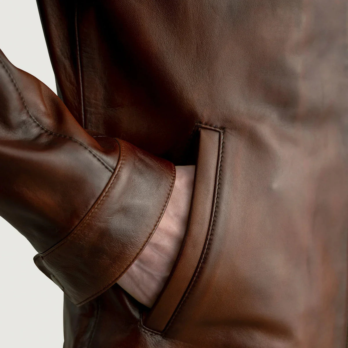 Authentic Sheepskin Leather with Aniline Finish Grain Texture & Heavy-Duty Seam Stitching Detail