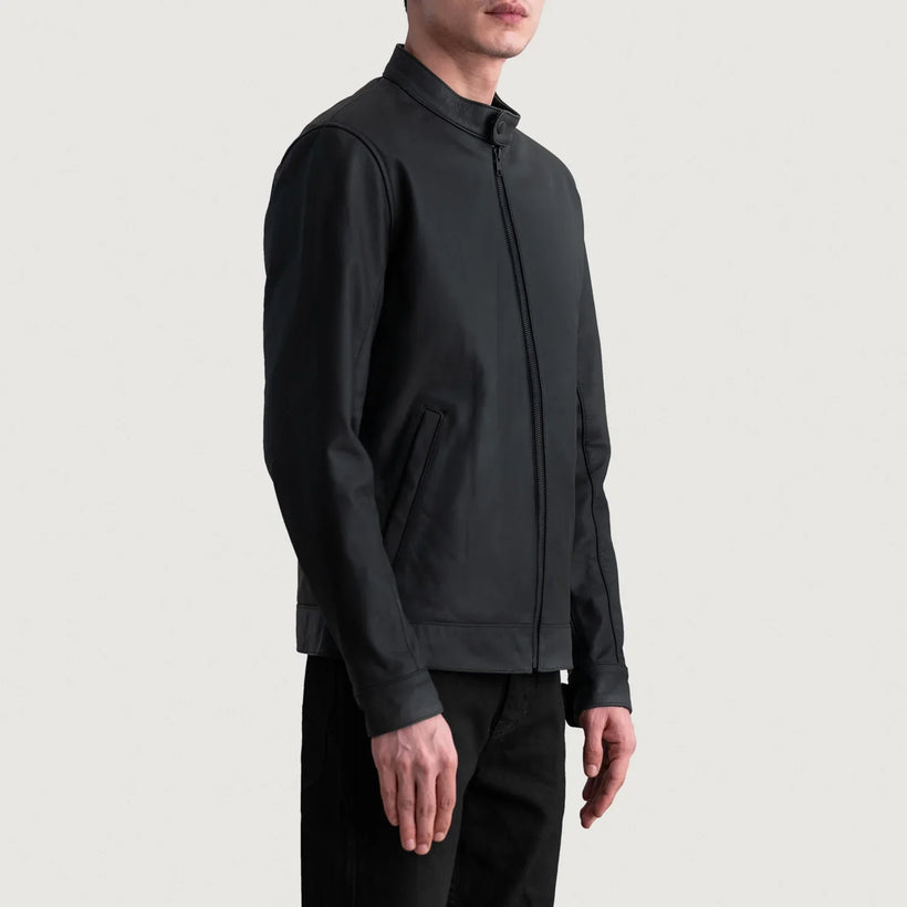 Matte Black Cowhide Leather Biker Jacket - Back View Showing Tailored Shoulder Fit & Clean Hemline