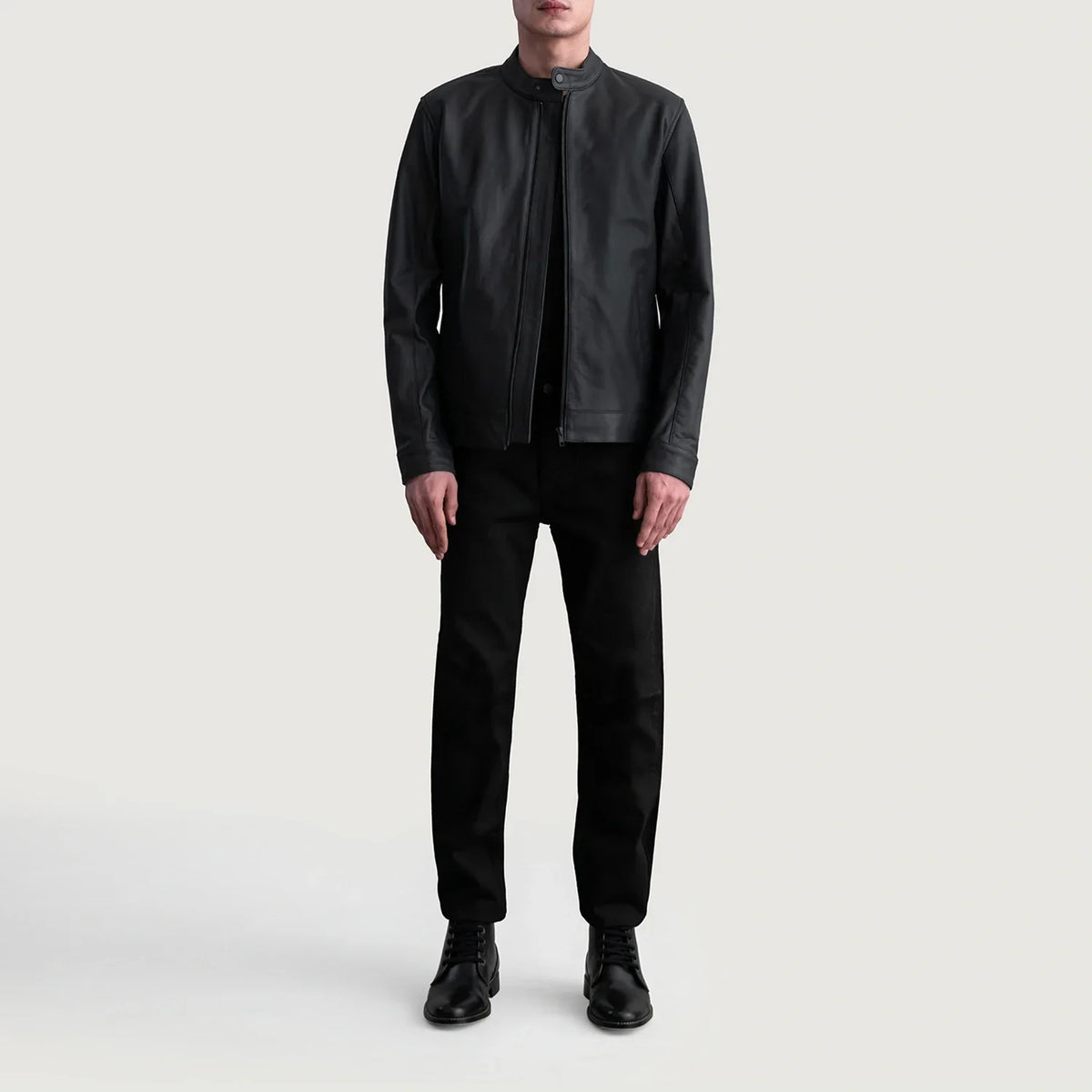 Close-Up Detail of Snap Button & Zipper Hardware on Zen Matte Black Leather Biker Jacket
