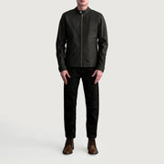 Close-Up Detail of Snap Button & Zipper Hardware on Zen Tumbled Brown Leather Biker Jacket
