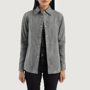 Tailored Rib Cuffs & Hem Craftsmanship Construction Detail on Women's Zenith Beige Leather Shirt Jacket