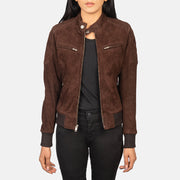 Women's Zenna Mocha Suede Bomber Jacket in Brown Goat Suede - Front Profile View & Tailored Silhouette | Buy Online