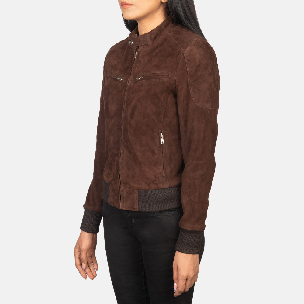 Brown Goat Suede Bomber Jacket - Back View Showing Tailored Shoulder Fit & Clean Hemline
