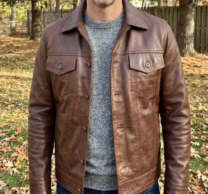 Verified client Harrison Gray (Austin, TX, US) wearing the Orlaven Fernando Men’s Cognac Wax Leather Trucker Jacket in cognac brown 100% full-grain cowhide leather, paired with tailored wool trousers and leather footwear in Austin, TX.