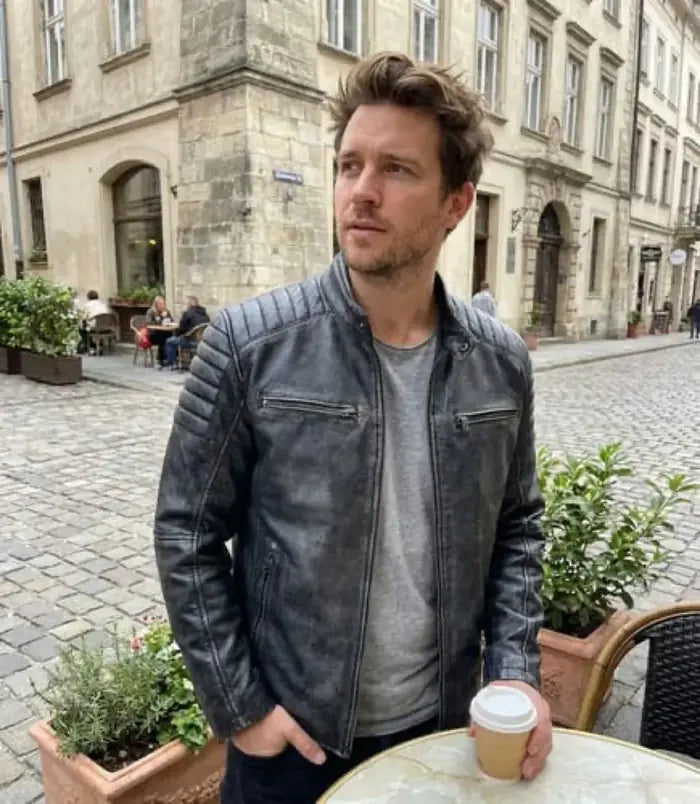 Verified client Patrick Walsh (Boston, MA, US) wearing the Orlaven Men’s Washed Black Distressed Leather Biker Jacket in distressed washed black weathered full-grain cowhide leather, paired with tailored wool trousers and leather footwear in Boston, MA.