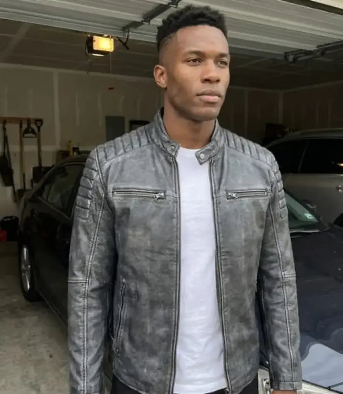Verified client Nathan Brooks (Seattle, WA, US) wearing the Orlaven Men’s Washed Black Distressed Leather Biker Jacket in distressed washed black weathered full-grain cowhide leather, highlighting the structured collar, precision topstitching, and slim silhouette.