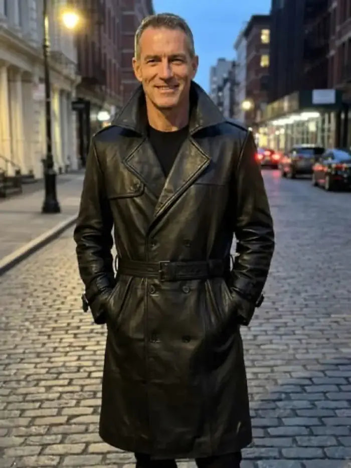 Verified client Alexander Nugent (Denver, CO, US) wearing the Orlaven Mens Belted Double Breasted Black Leather Trench Coat in deep onyx black tailored full-grain calfskin leather, styled for an elevated urban evening look in Denver, CO.