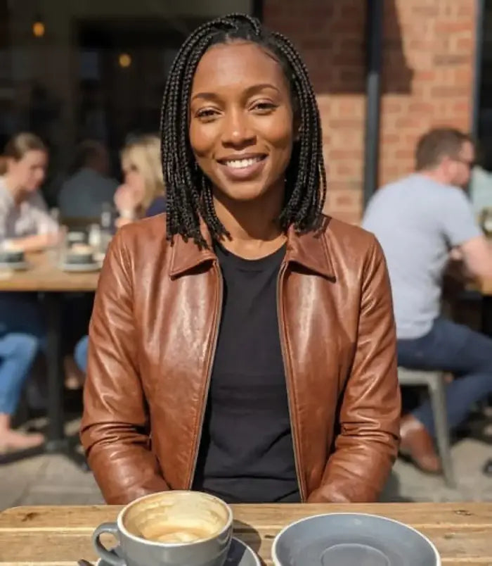 Verified client William Hayes (San Francisco, CA, US) wearing the Orlaven Women’s Cognac Wax Harrington Leather Jacket in cognac brown supple full-grain lambskin leather, styled with dark selvedge denim and Goodyear-welted boots in San Francisco, CA.