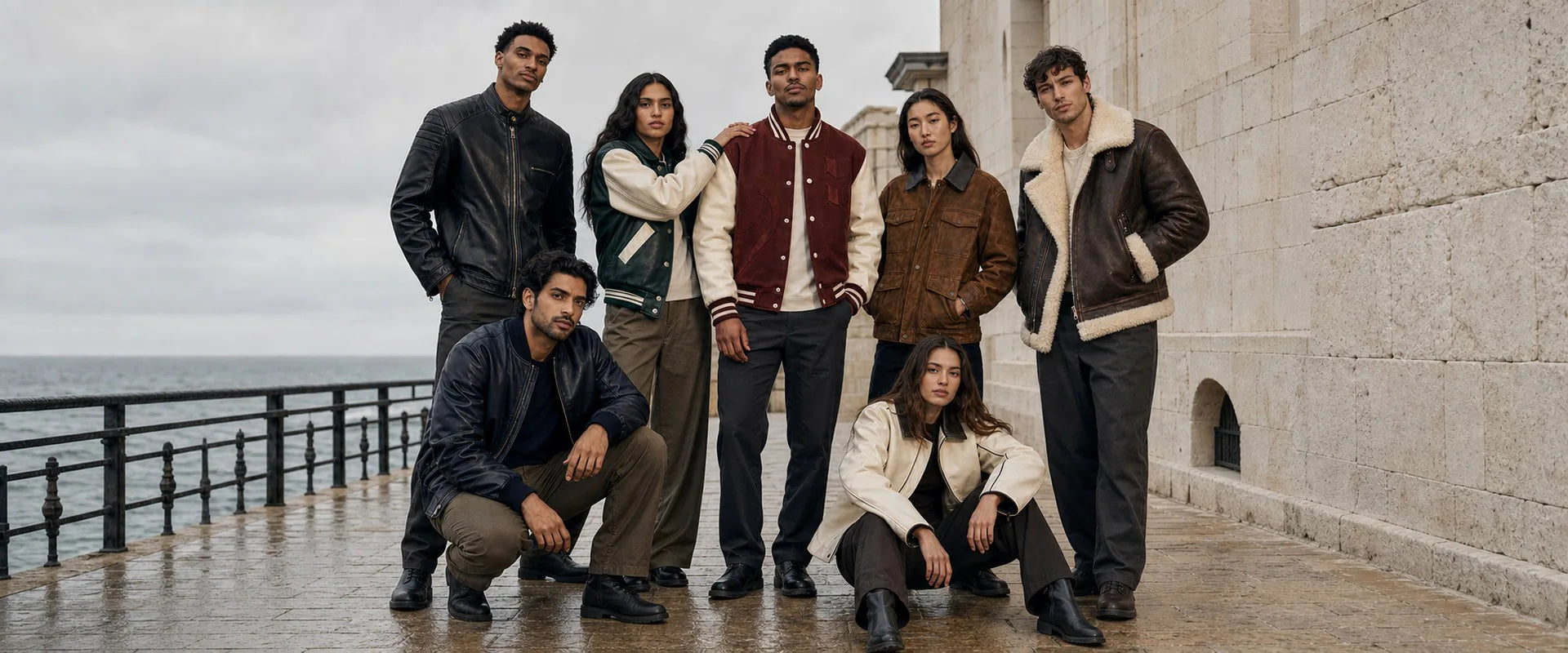 ORLAVEN men and women wearing leather and shearling outerwear on a rugged coast